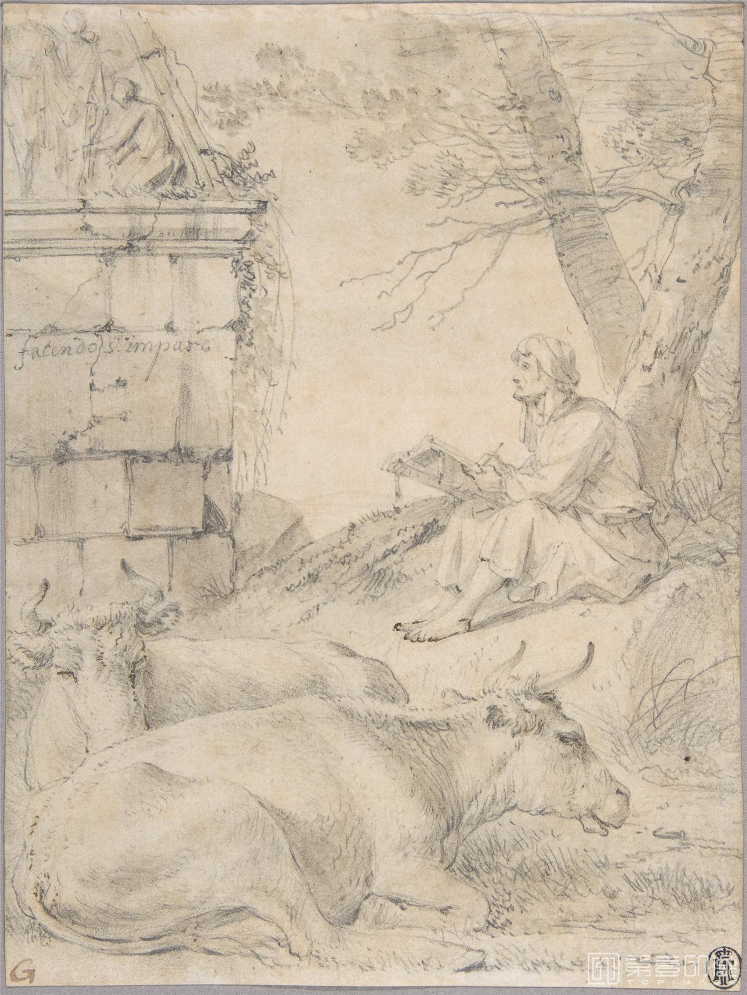 素描-美国纽约大都会美术馆素描藏画-Jan van OssenbeeckArtist Drawing in an Italianate Landscape-1142